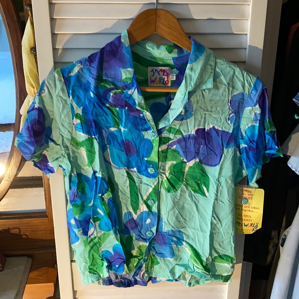 blue floral jams world women’s short sleeve button up